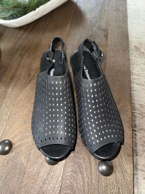 Pierre Dumas Black Perforated Open-Toe Wedge Slingbacks